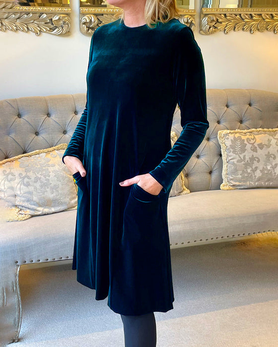Pocket Velvet Dress with Round Neck
