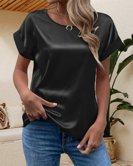 Satin crew neck solid T-shirt