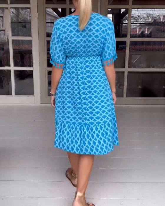 Printed v-neck fringed dress