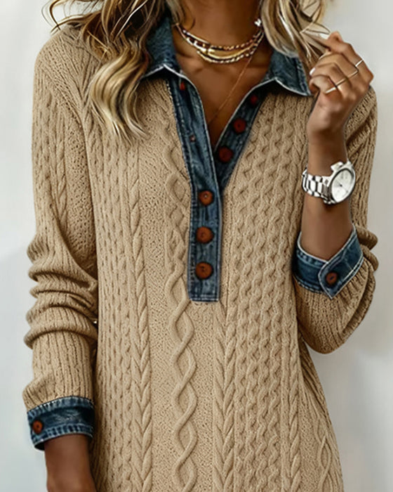 Denim cable knit patchwork collared dress