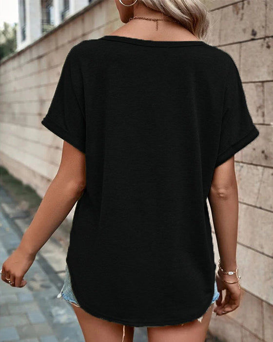 V-neck Hollow Out T-shirt with Short Sleeves