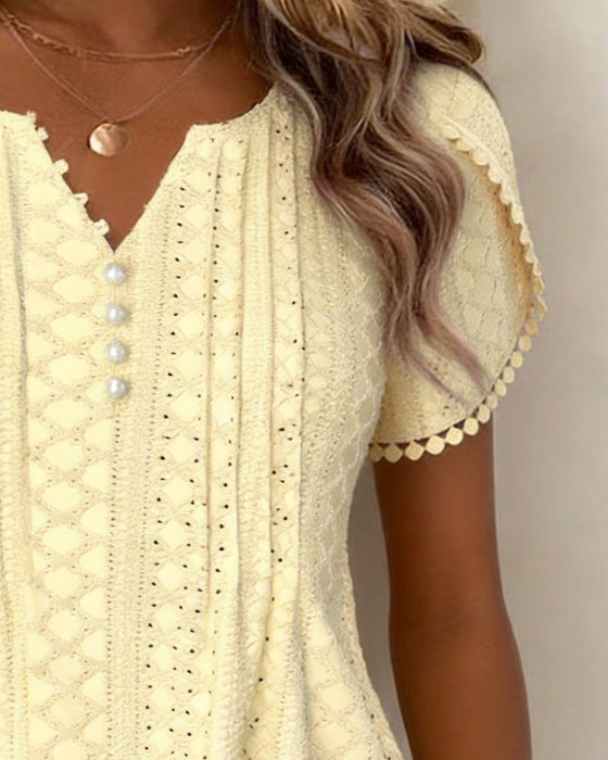 V-Neck Pearl-Button Lace Blouse