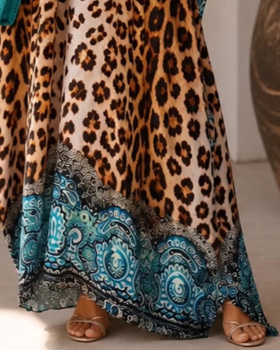 V-Neck Leopard Print Flared Contrast Color Dress