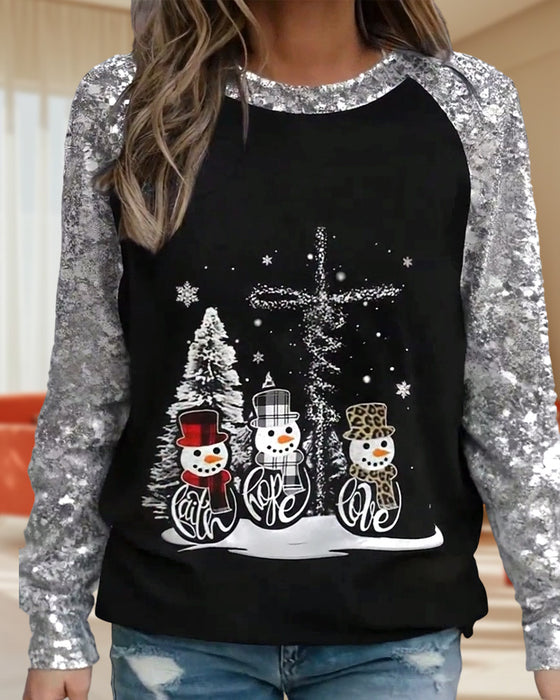 Stylish Snowman Print Crew Neck T-Shirt
