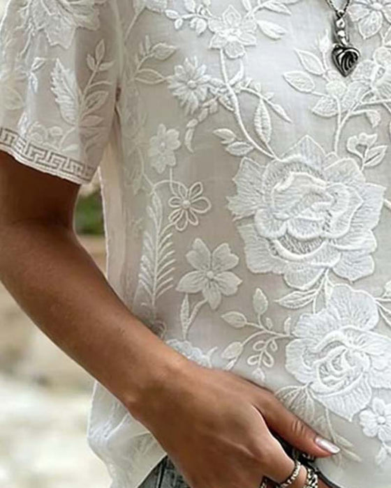 Crew Neck Embroidered Lace Patchwork Blouse