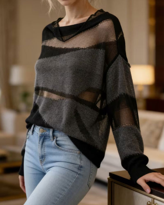 Contrast Color Sheer Long Sleeve Sweater Pullover
