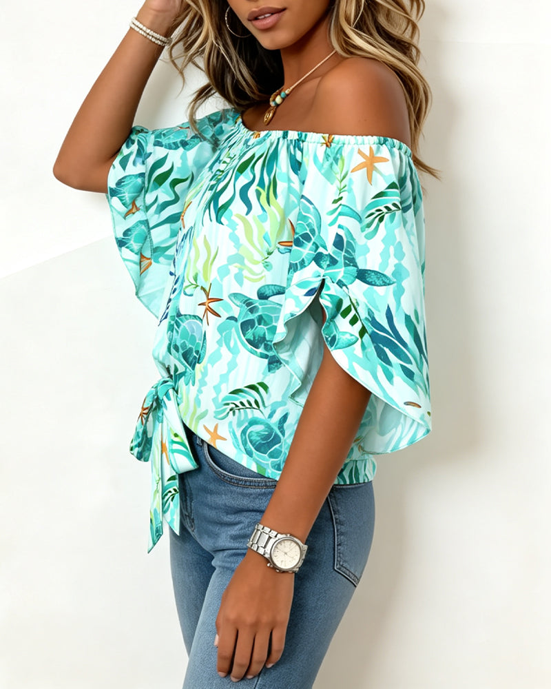 Ocean Print Off-Shoulder Tie Blouse