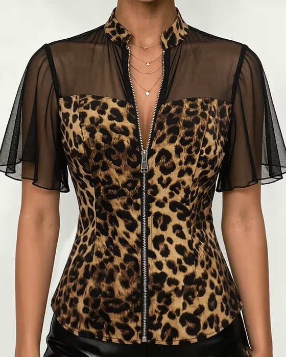 Leopard Patchwork Mandarin Collar Zip Blouse