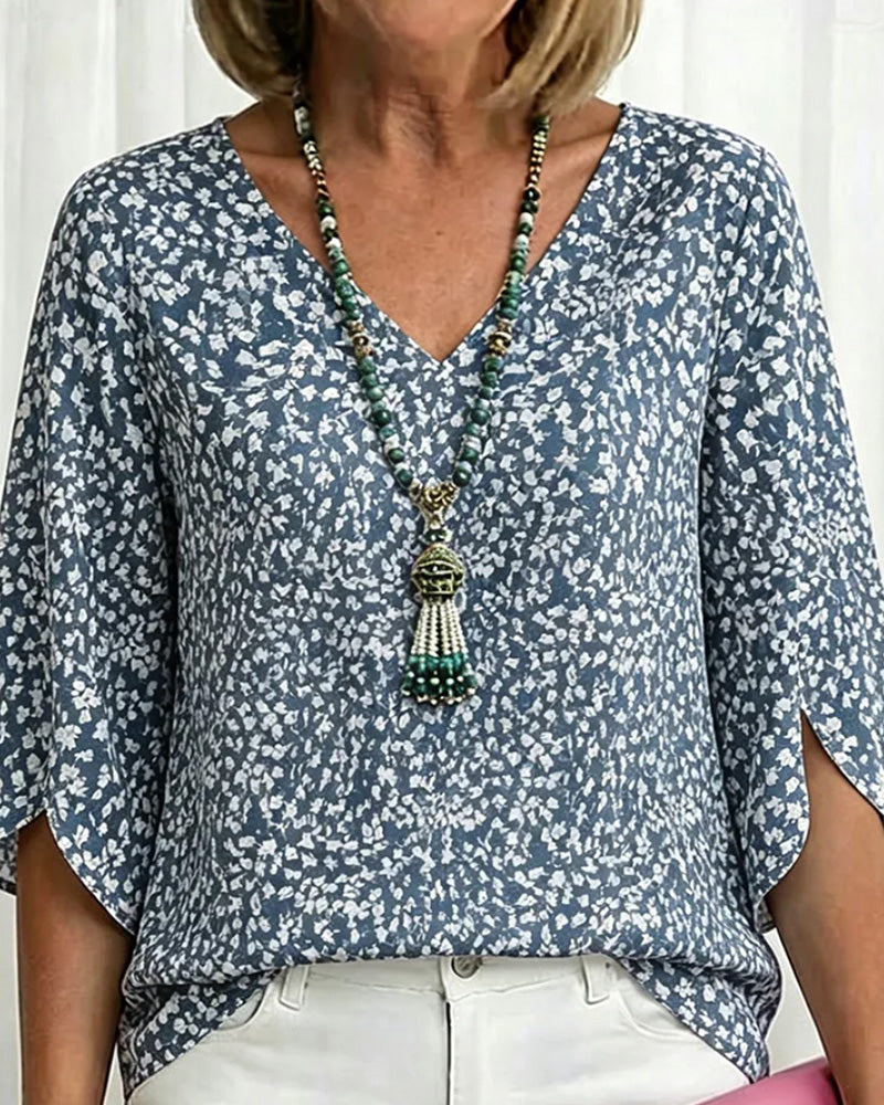 V-Neck Split Bell Sleeve Floral Elbow-Length Blouse