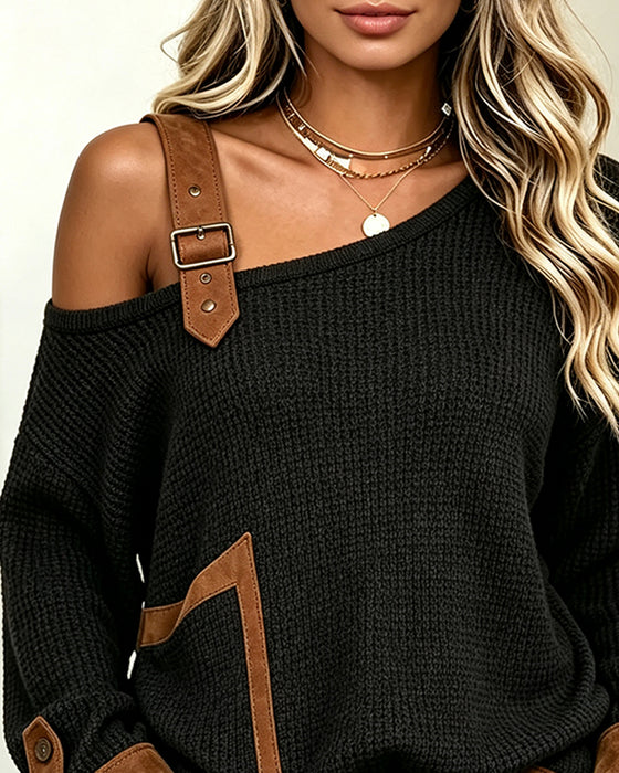 Off-Shoulder Asymmetric Neck Spliced Blouse