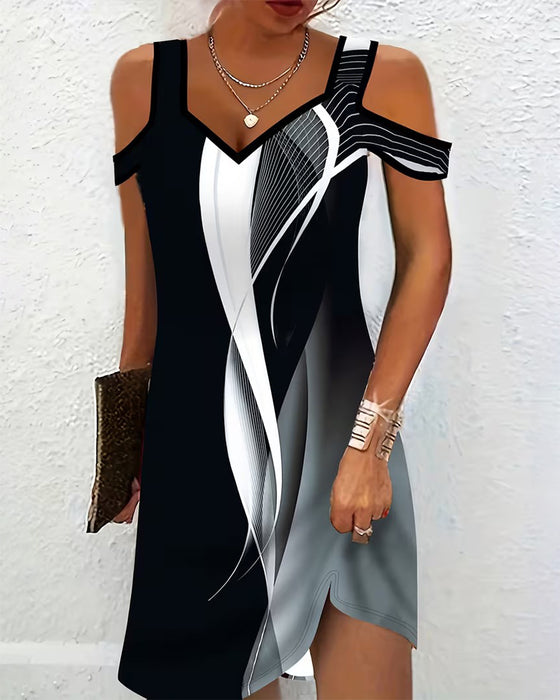 V-Neck Cold-Shoulder Striped Slit Dress
