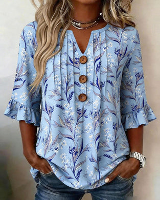 Botanical Print Ruffle-Sleeve Blouse