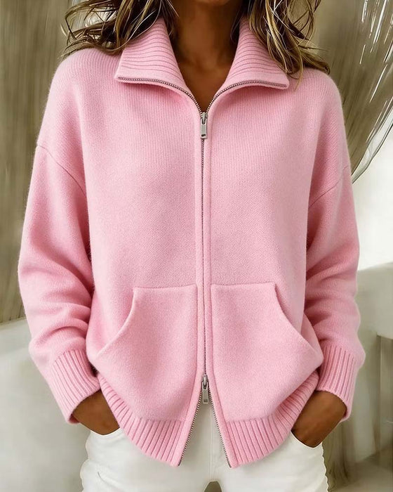 Lapel Zipper Solid Color Cardigan