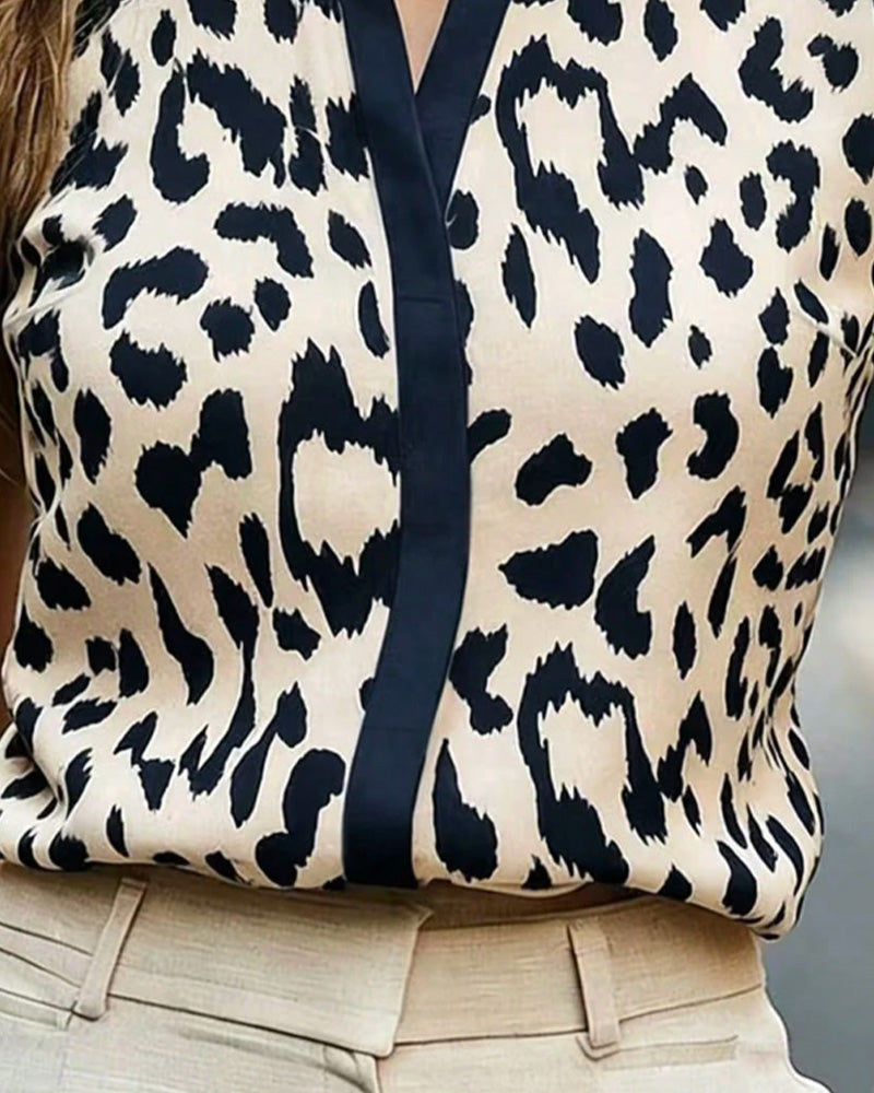 Stand Collar Leopard Short Sleeve Blouse