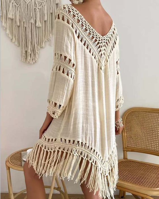 V-Neck Solid Color Hollow Cover Up