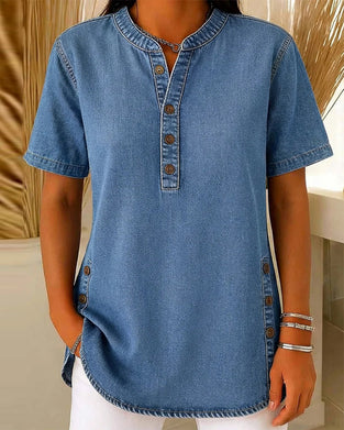 Button-Front Denim Short Sleeve Top