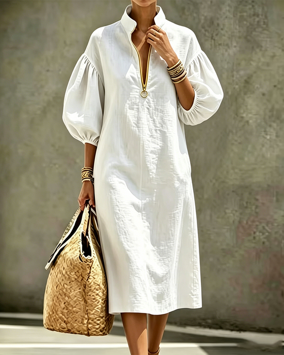 Lantern Sleeve Half-Zip Shirt Dress