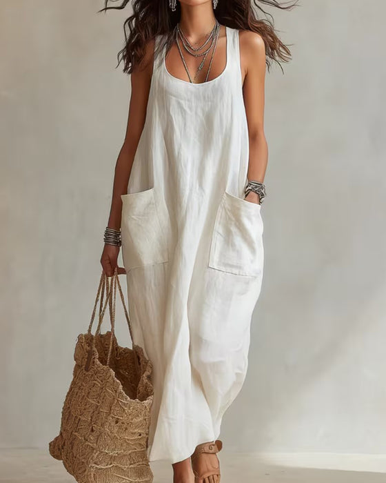 U-Neck Sleeveless Solid Pocket Dress