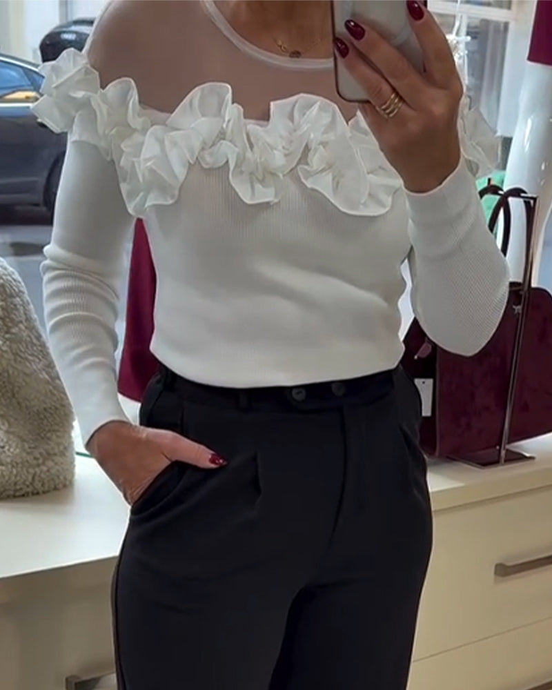 Mesh Spliced Ruffled Long-Sleeved Top