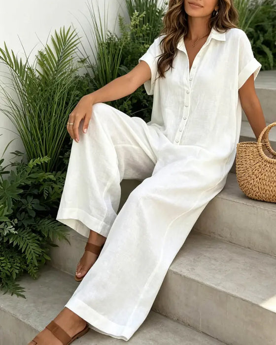 Casual Lapel Solid Color Jumpsuits