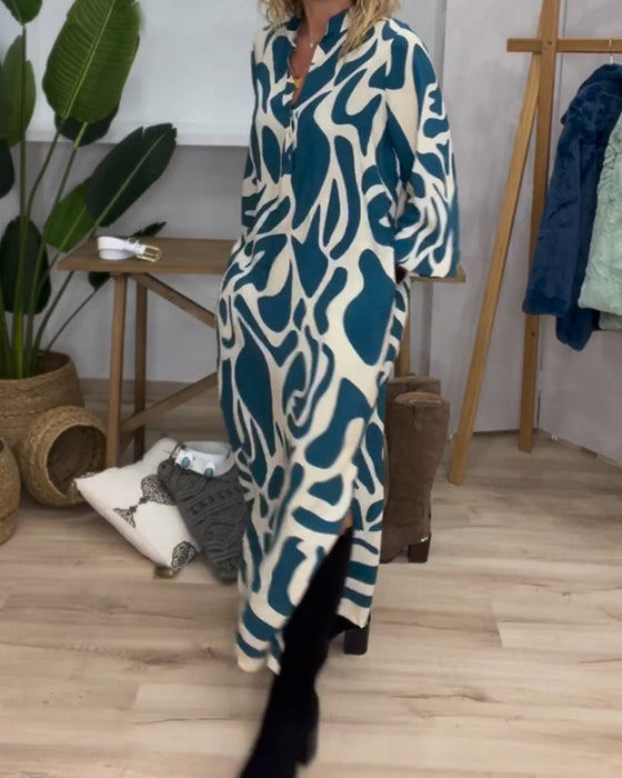 Lapel side slit printed dress