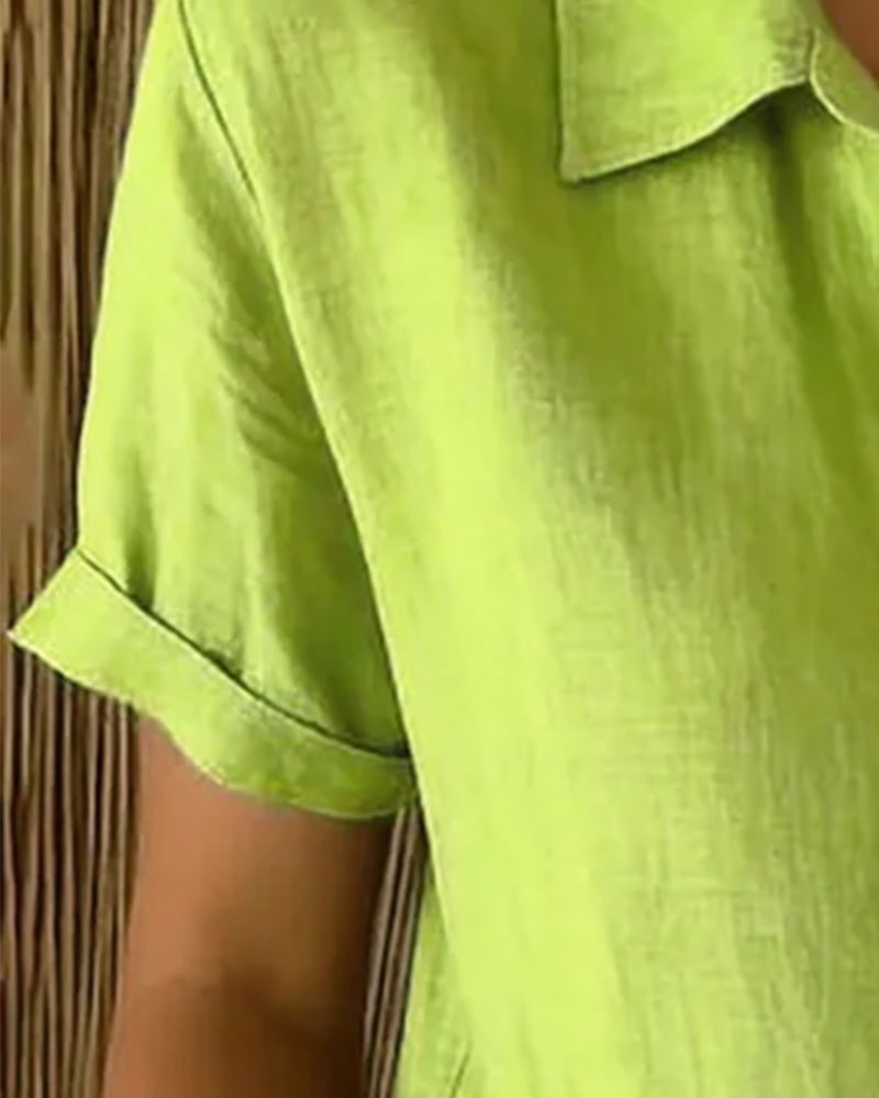 Cotton Linen Lapel Short Sleeve Shirt