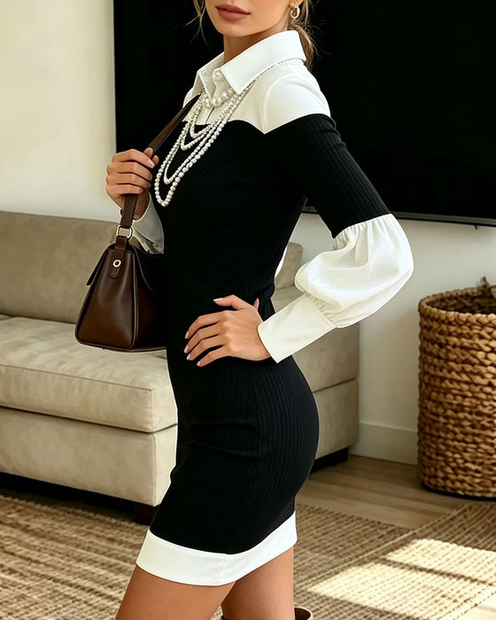 Shirt Collar Puff Sleeve Color Block Fitted Dress