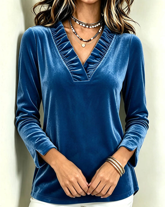 V-Neck Ruffle Smocked Split Blouse