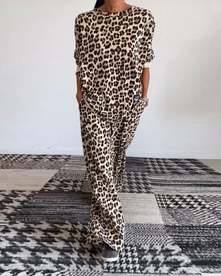 Casual leopard print crew neck pocket top wide leg pants set