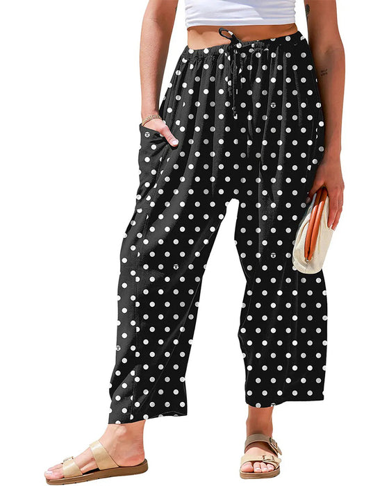 Drawstring Polka Dot Pocket Wide-Leg Cropped Pants