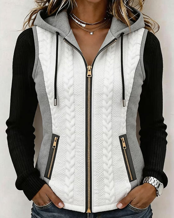 Contrast Color Hooded Zipped Coat