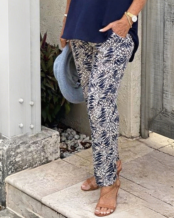 Solid Color Print Casual Set
