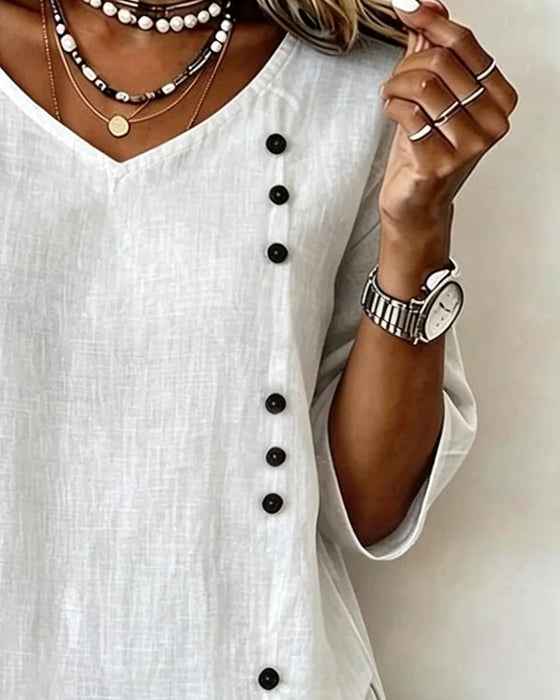 Button Asymmetrical Placket V-Neck Irregular Hem Blouse