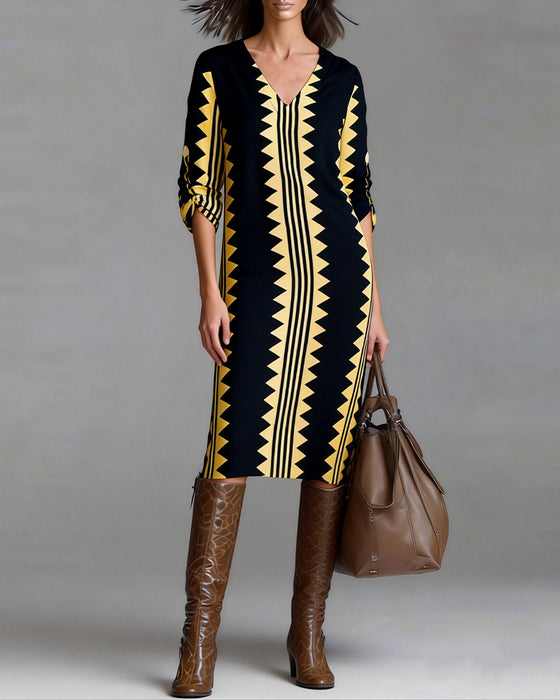 V-Neck Geometric Print Fashion Dress