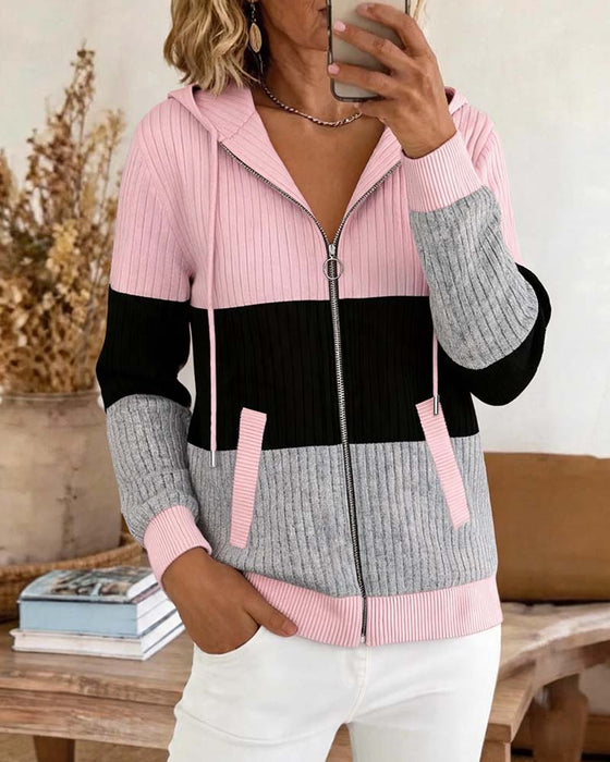 Hooded Zipper Ribbed Color Block Coat