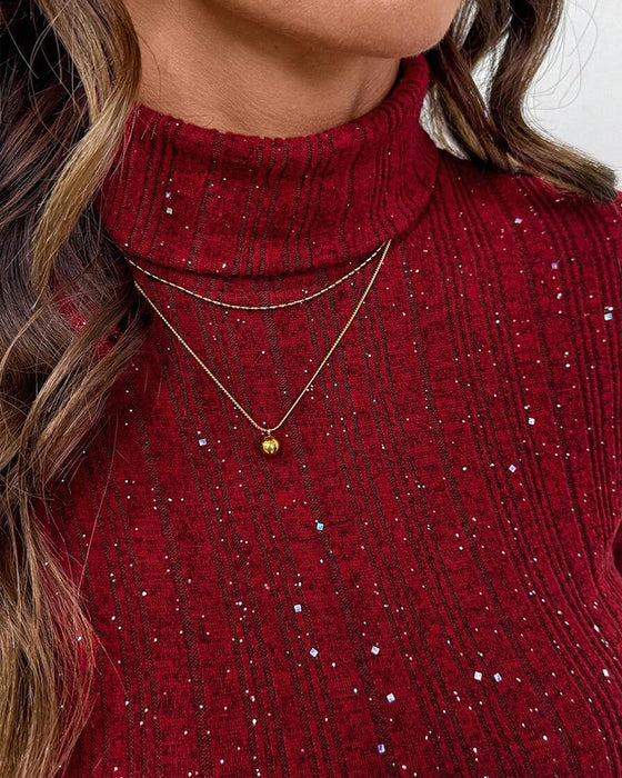 Shimmering Fleece-Lined Turtleneck Top