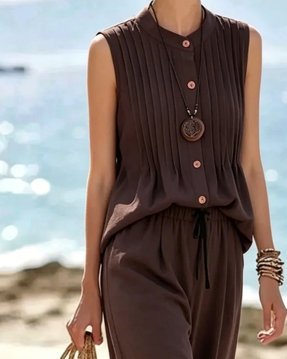 Mandarin Collar Pleated Sleeveless Wide-Leg Set