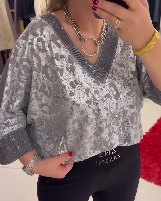 V-neck printed casual blouse