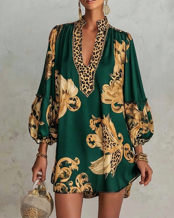 Leopard Lantern Sleeve Stand Collar Print Dress
