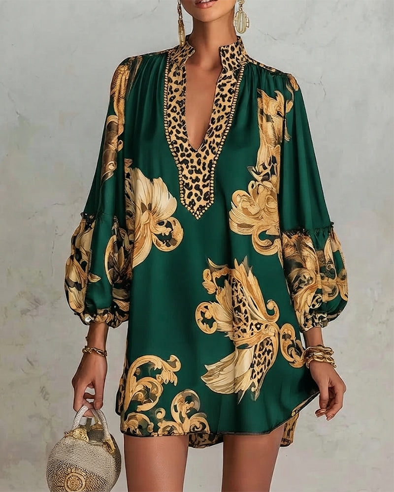 Leopard Lantern Sleeve Stand Collar Print Dress