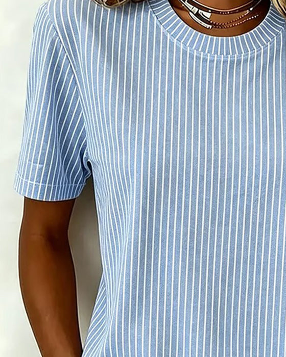 Blue and White Vertical Stripe Crew Neck Top