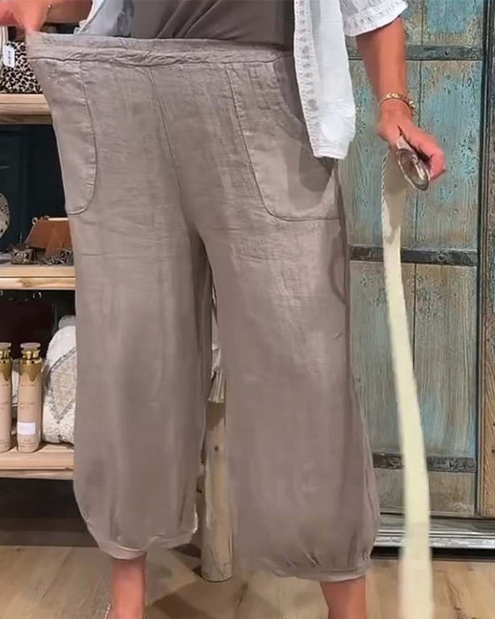 Elastic Waist Pocket Wide Leg Cropped Pants
