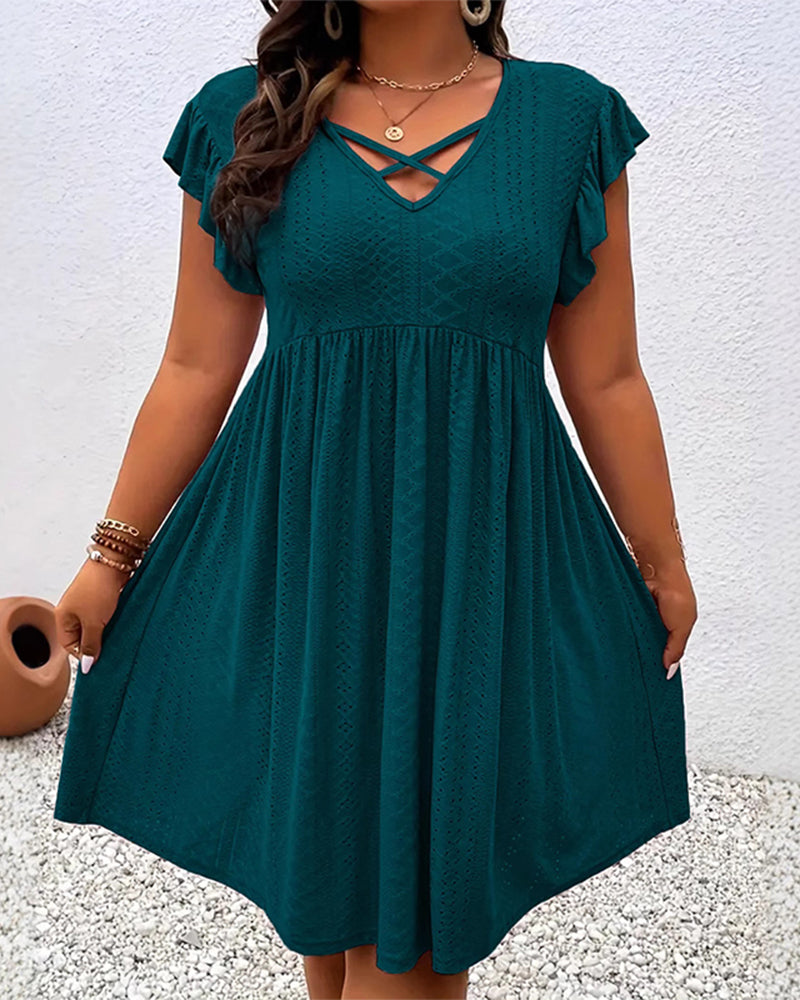 Solid Color Hollow-Out Lotus Leaf Sleeve Dress