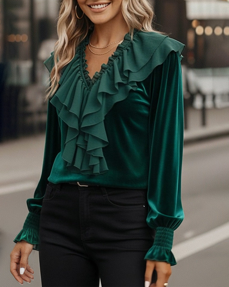 Ruffled V-Neck Long-Sleeved Velvet Top