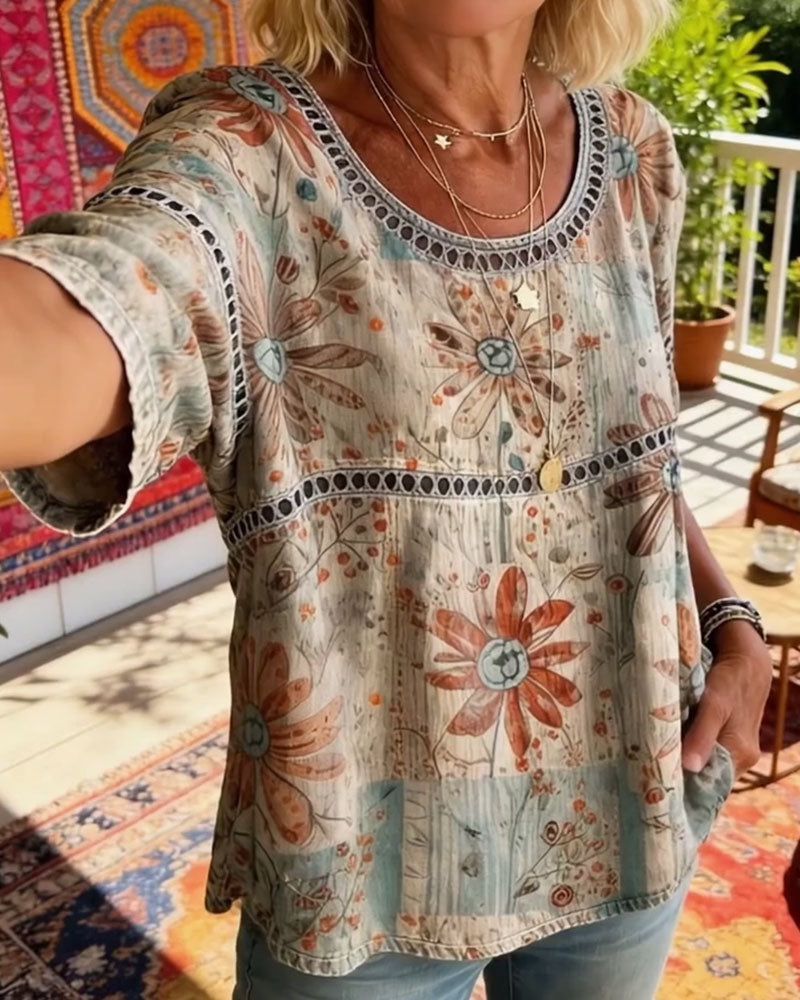 Hollow-Out Round Neck Printed Top