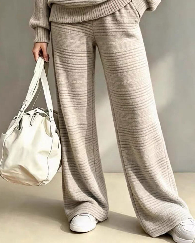 Round Neck Striped Relaxed Wide Leg Two-Piece Set