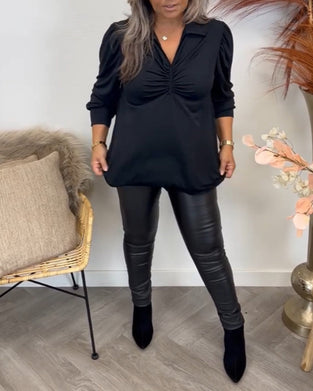 V-neck pleated long-sleeved blouse