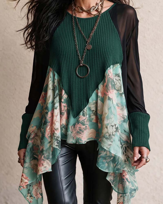Patchwork Floral Irregular Blouse