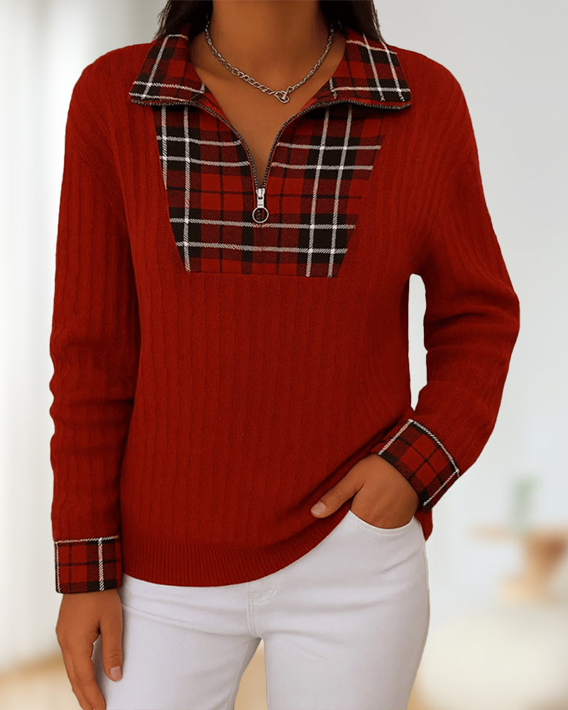 Half-Zip Plaid Color-Block Ribbed Hoodie