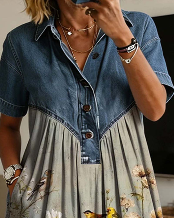 Shirt Collar Floral Denim Patchwork Dress